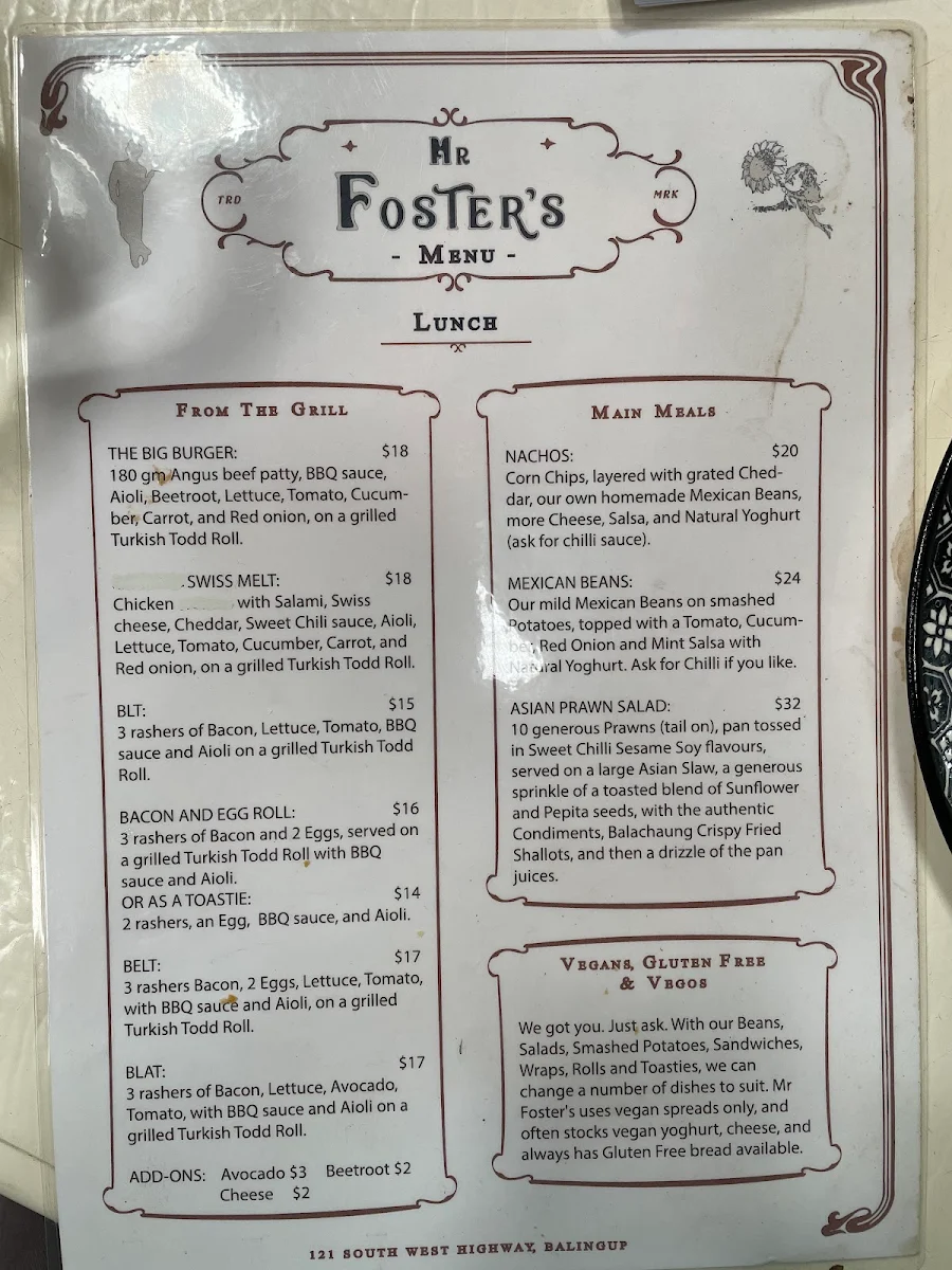 Menu, Mr Foster's