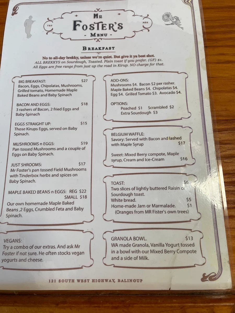 Menu, Mr Foster's