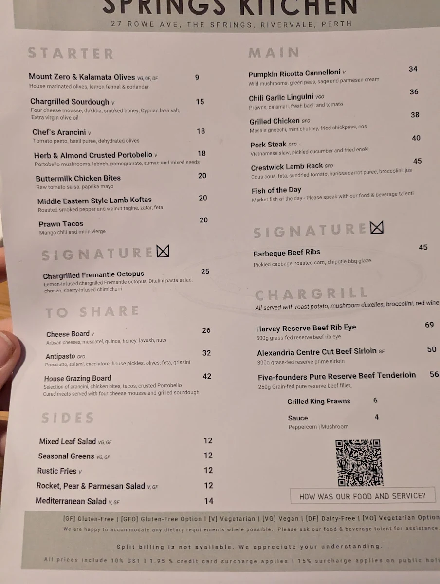 Menu, Springs Kitchen