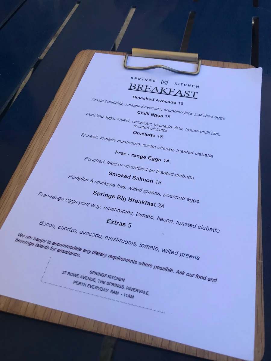 Menu, Springs Kitchen