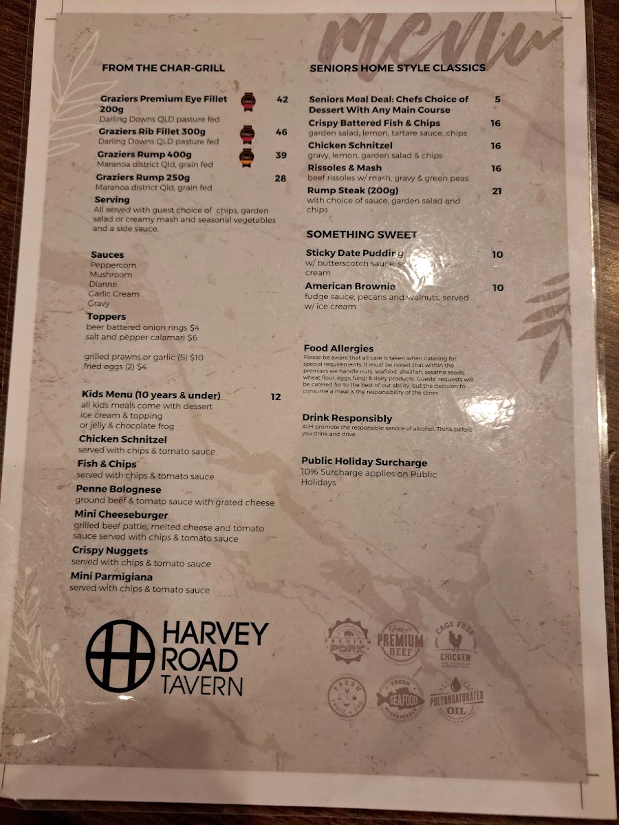 Menu, Harvey Road Tavern