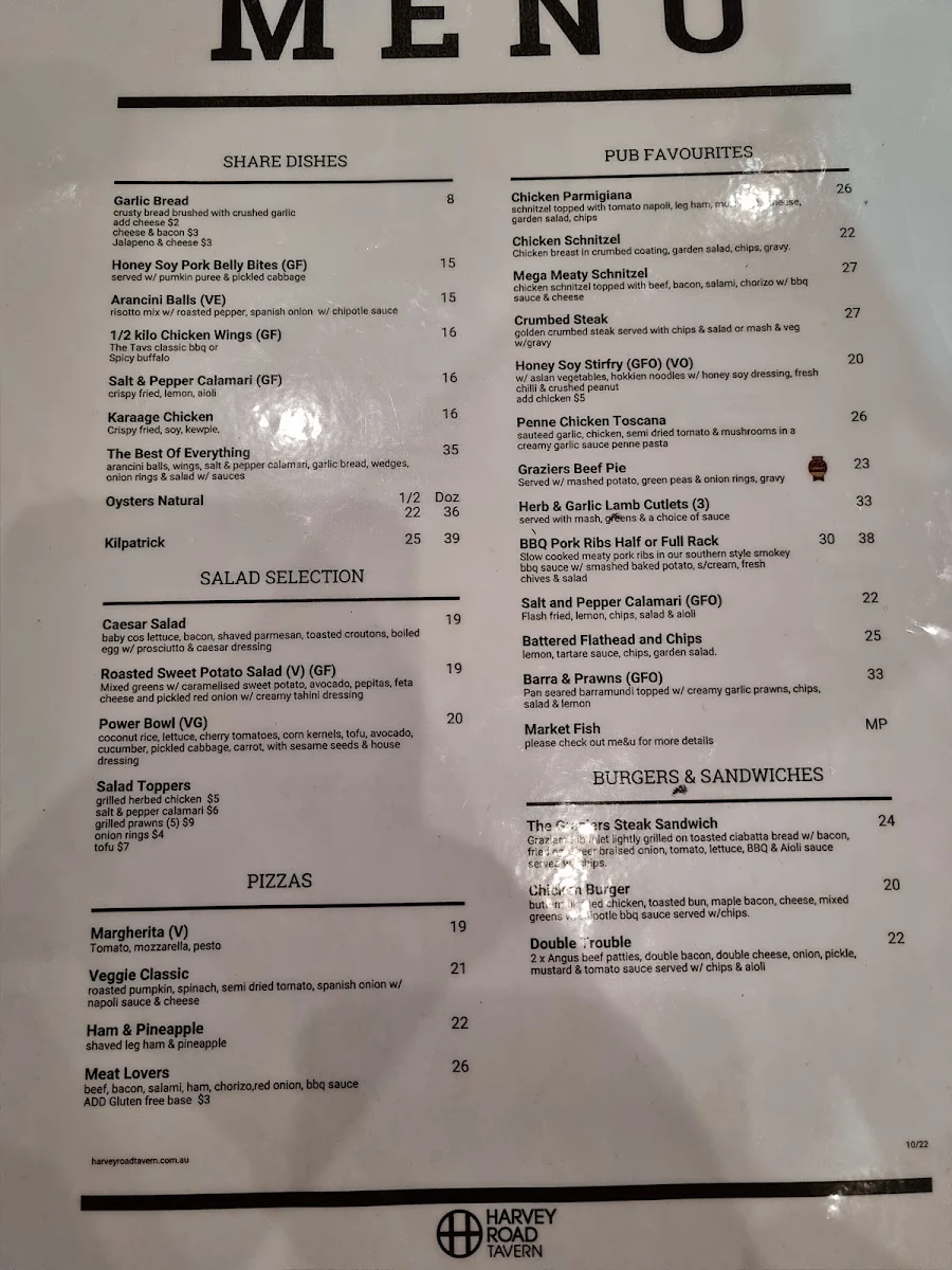 Menu, Harvey Road Tavern