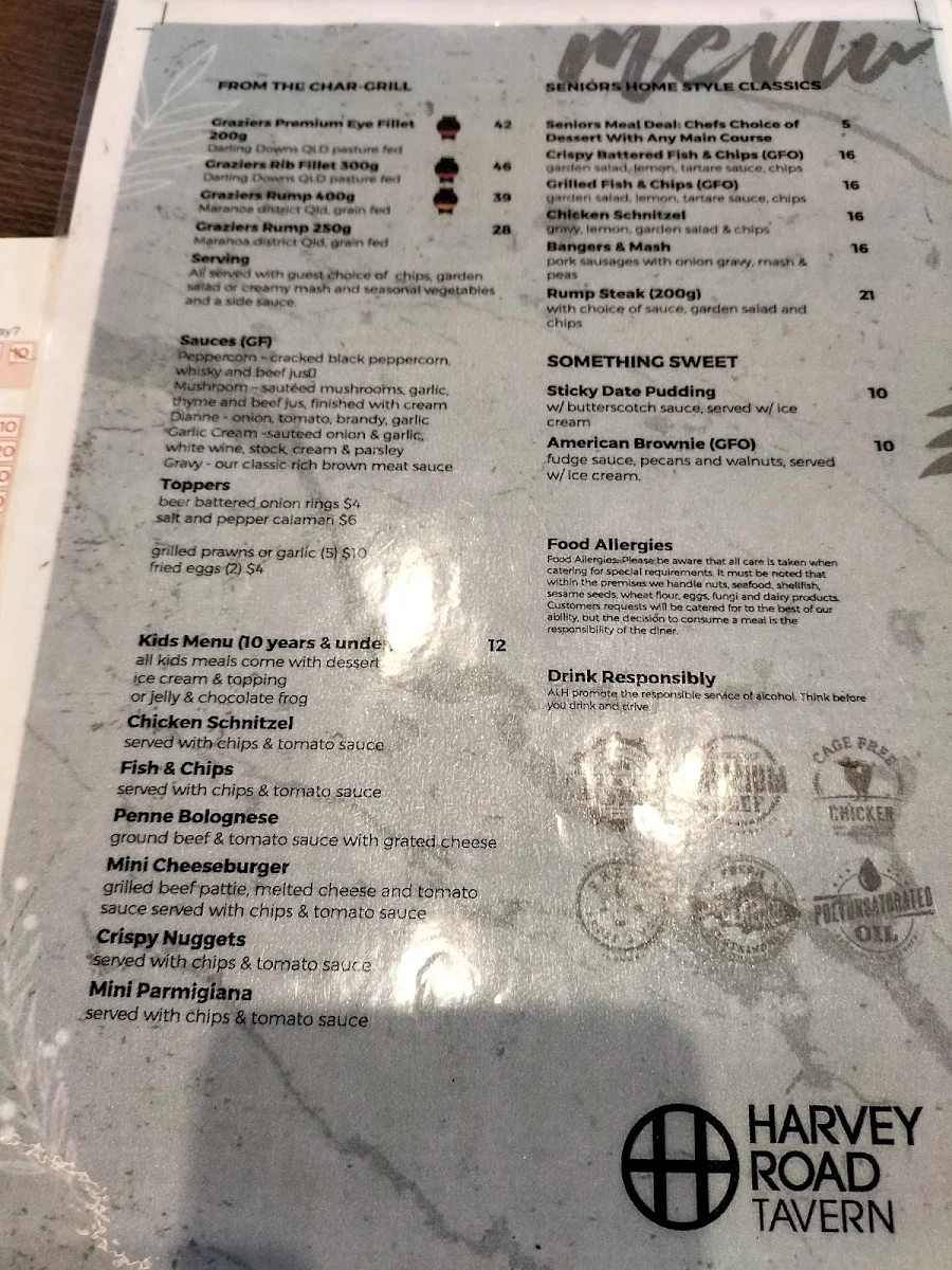 Menu, Harvey Road Tavern