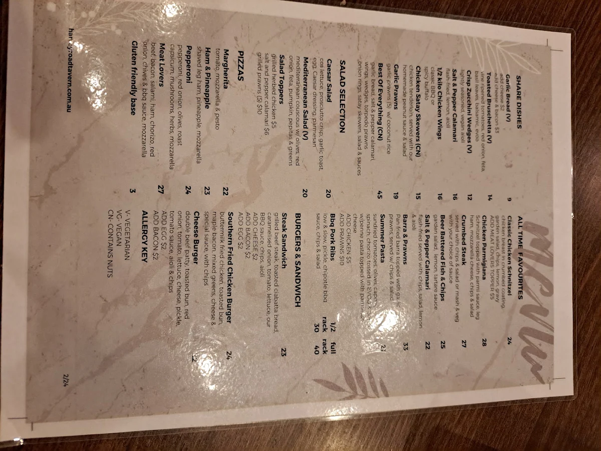 Menu, Harvey Road Tavern