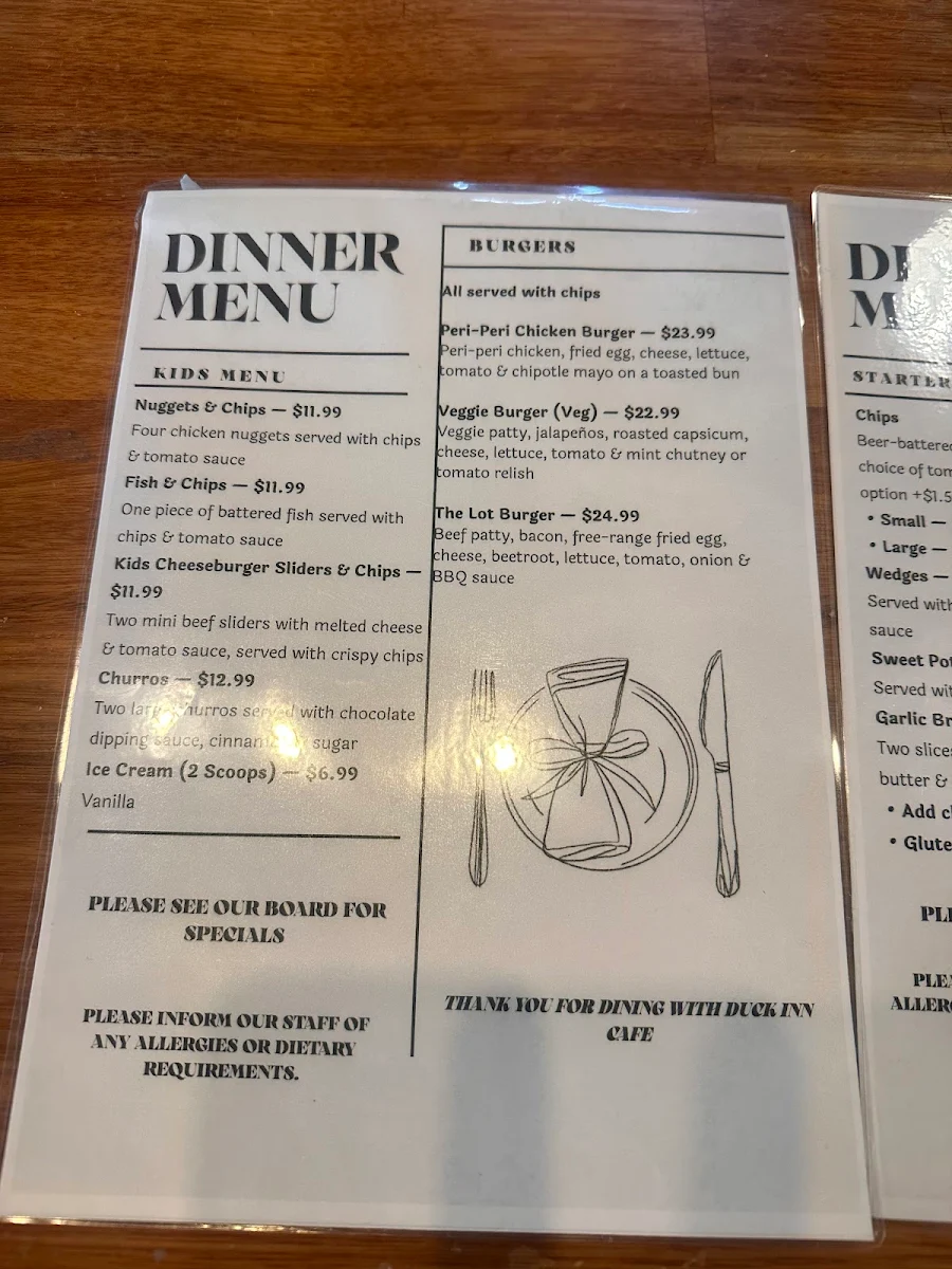 Menu, The Duck Inn Cafe