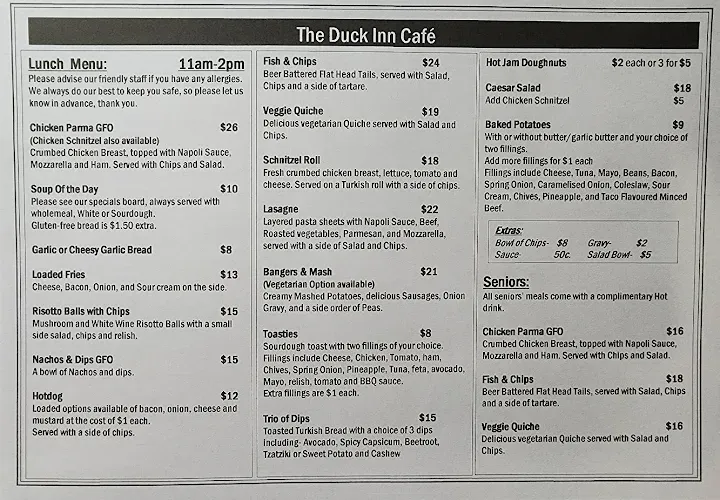 Menu, The Duck Inn Cafe