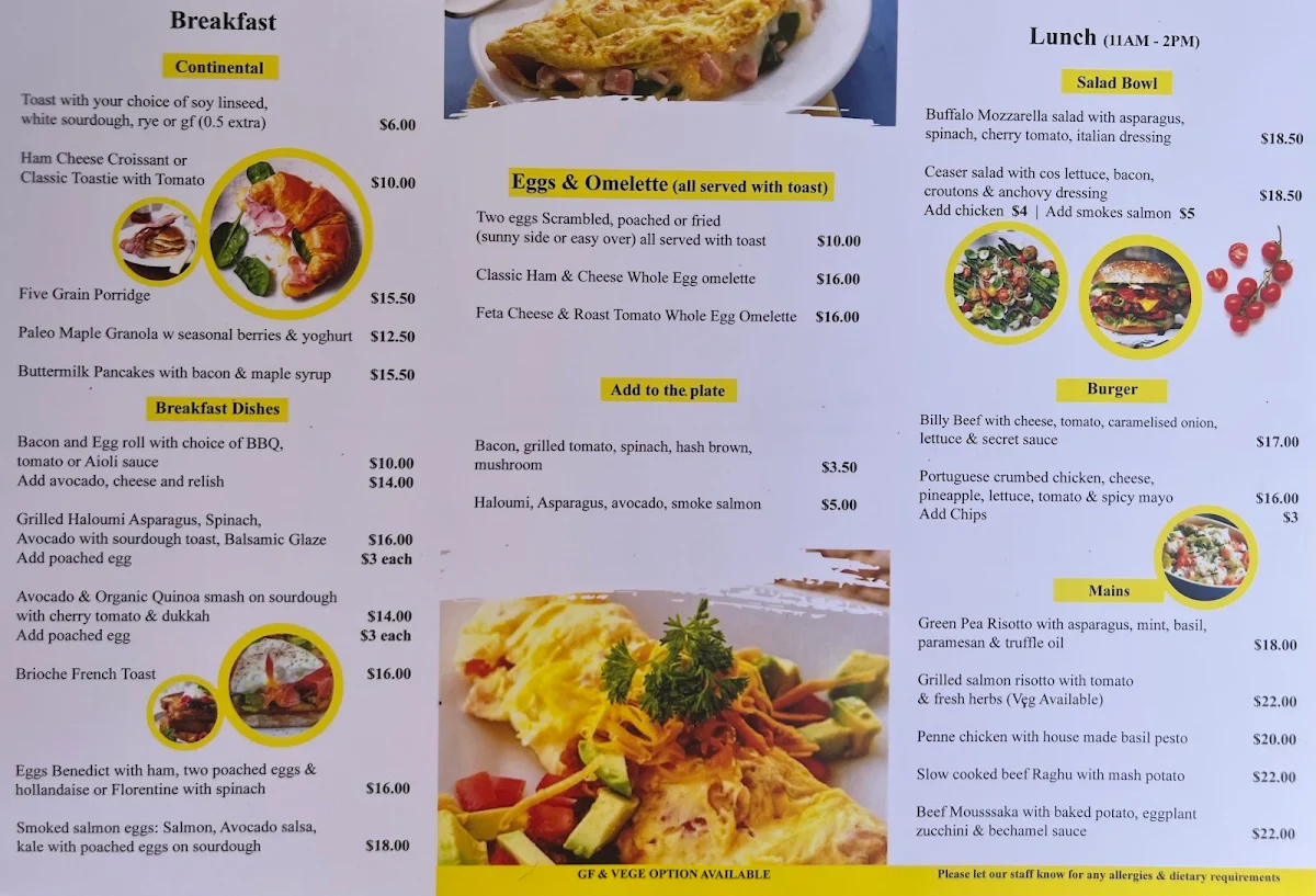 Menu, The Deli Bilgola cafe