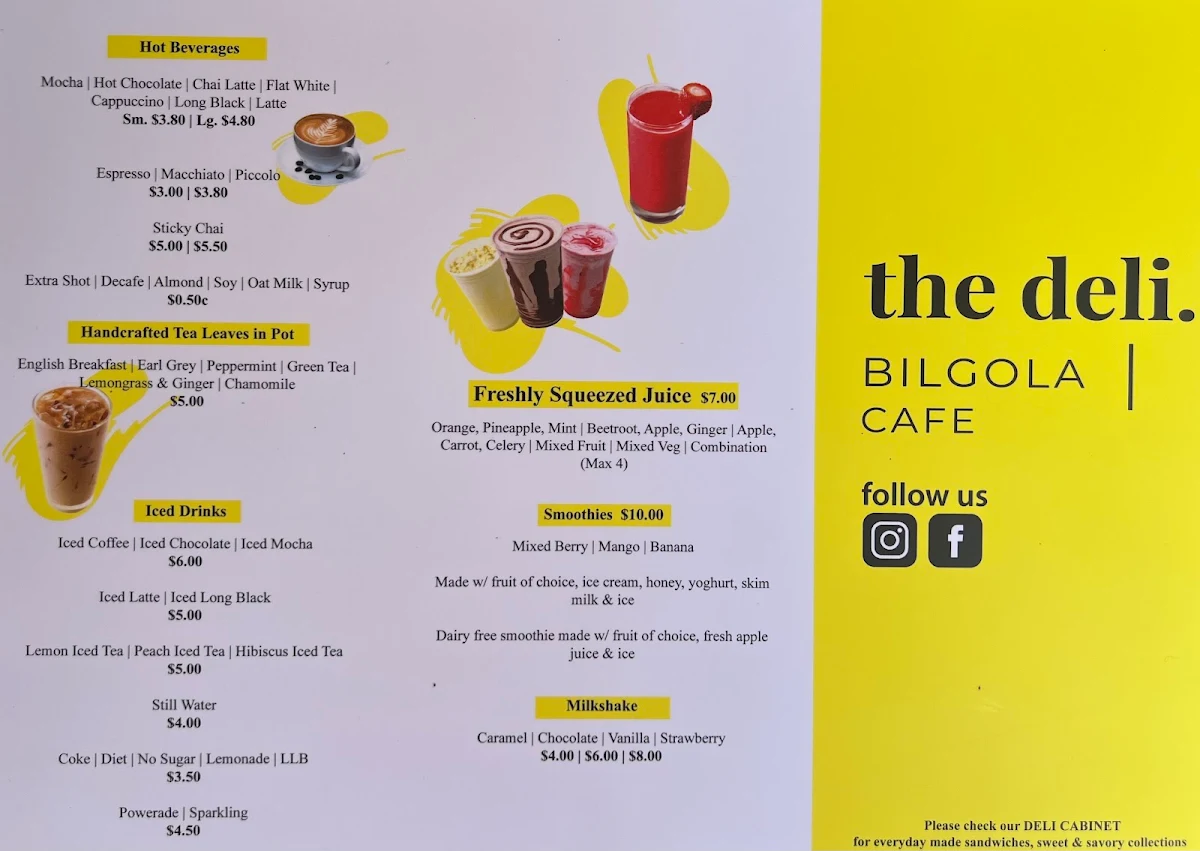 Menu, The Deli Bilgola cafe