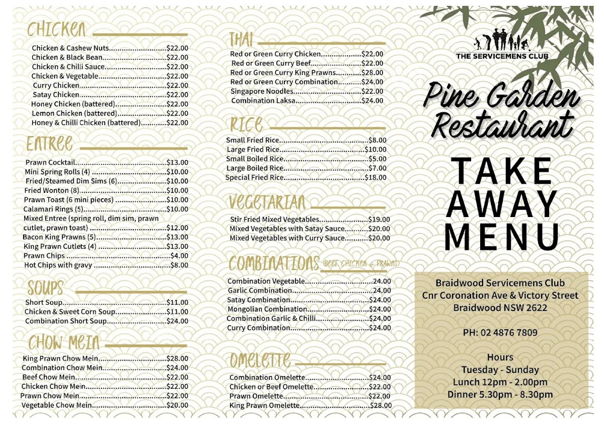 Menu, Pine Garden Restaurant Braidwood