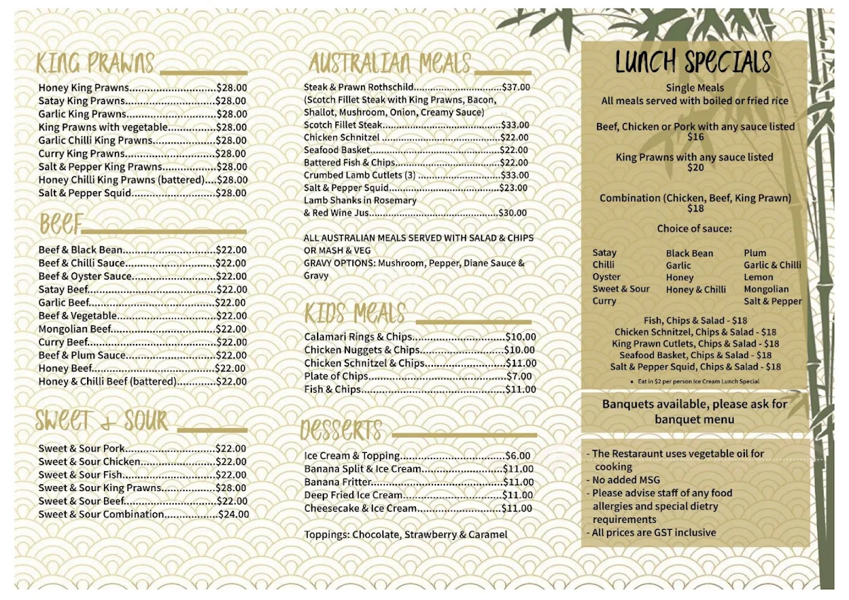 Menu, Pine Garden Restaurant Braidwood