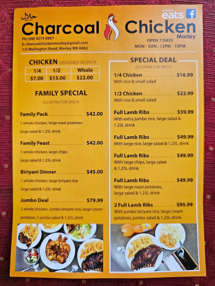 Menu, Charcoal Chicken Morley