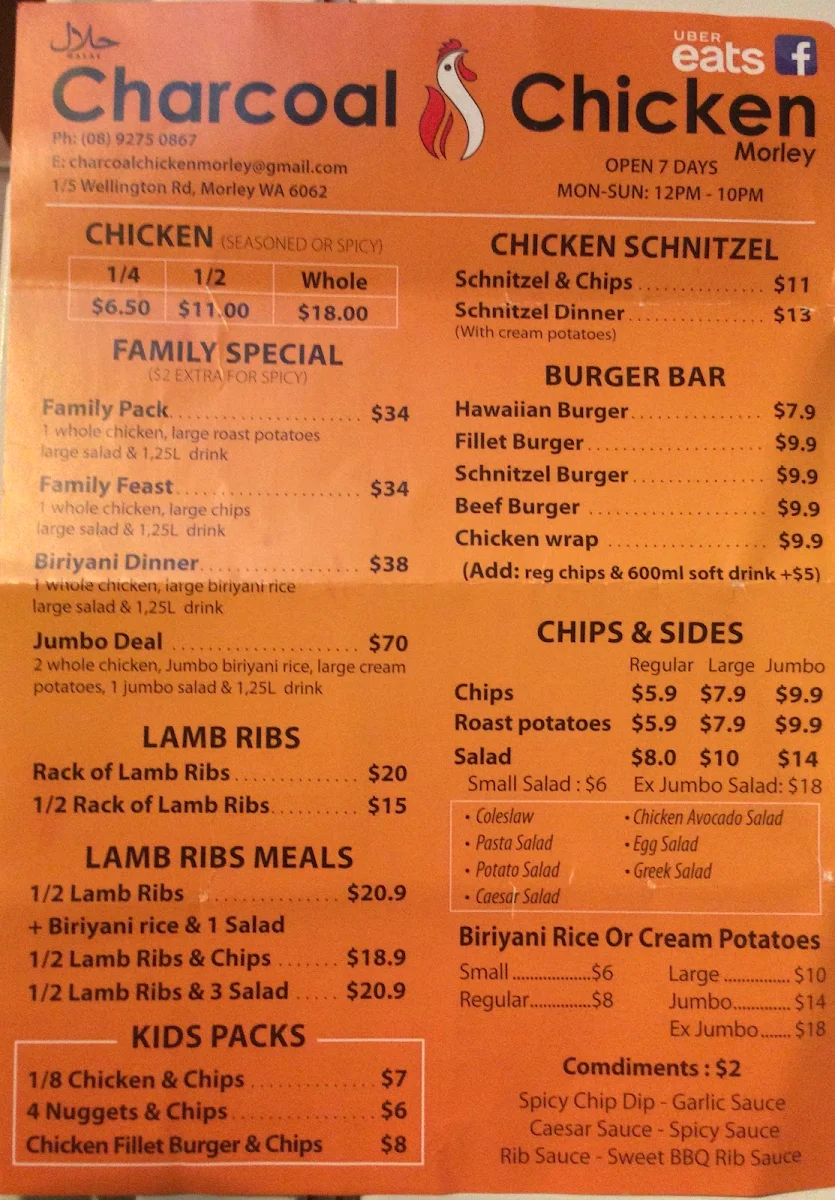 Menu, Charcoal Chicken Morley