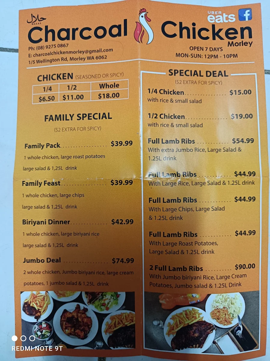 Menu, Charcoal Chicken Morley