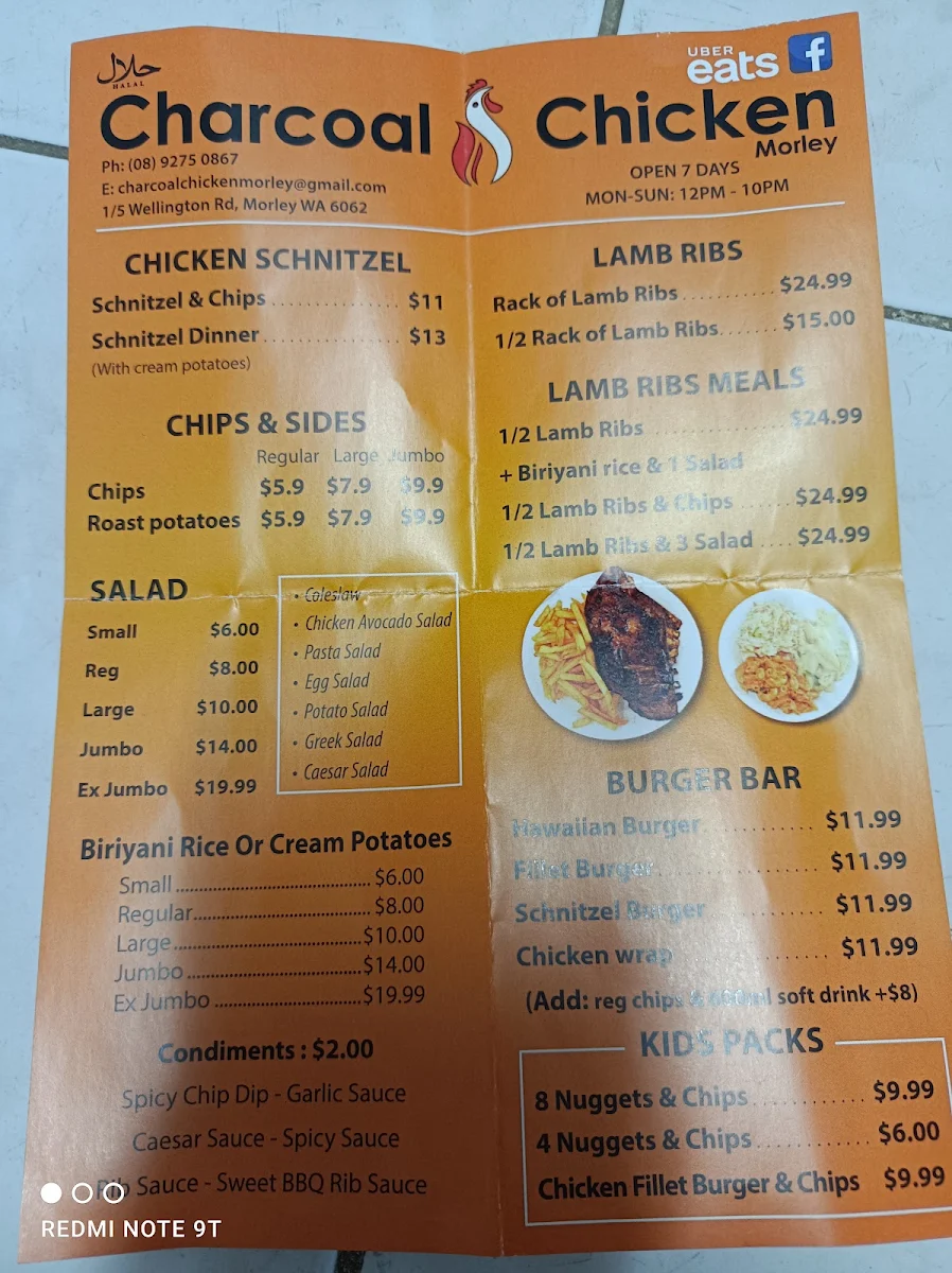 Menu, Charcoal Chicken Morley
