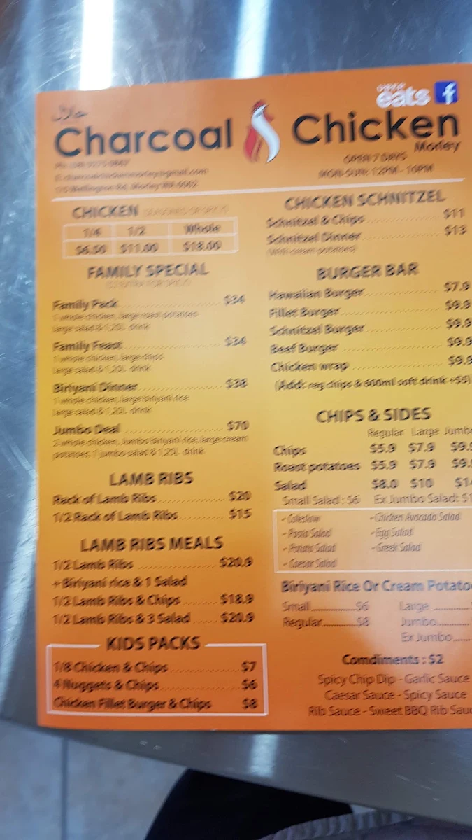 Menu, Charcoal Chicken Morley