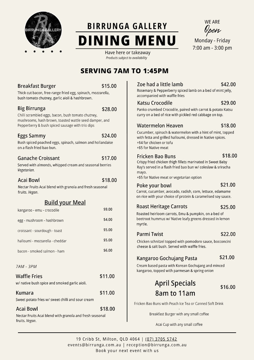Menu, Birrunga Gallery & Dining