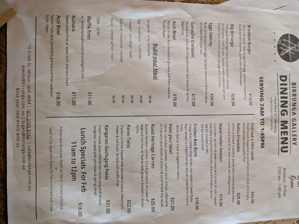 Menu, Birrunga Gallery & Dining