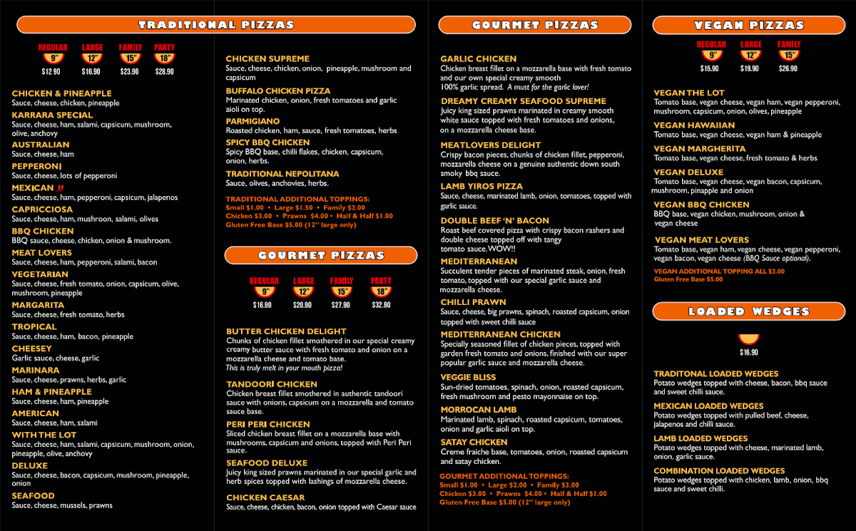 Menu, Karrara Pizza