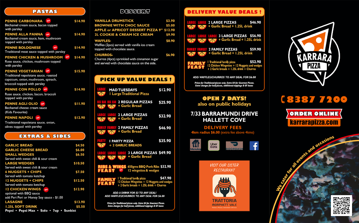 Menu, Karrara Pizza