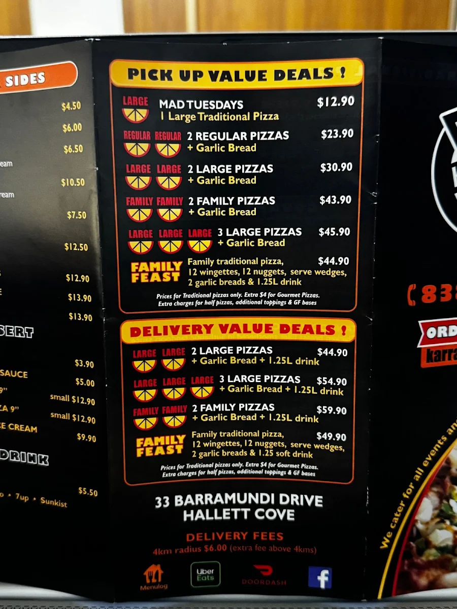 Menu, Karrara Pizza