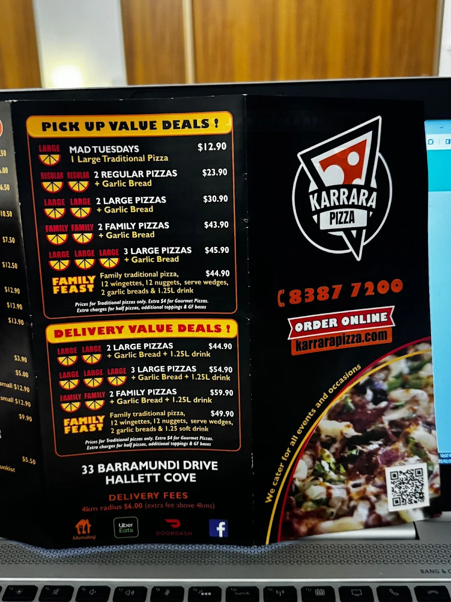 Menu, Karrara Pizza