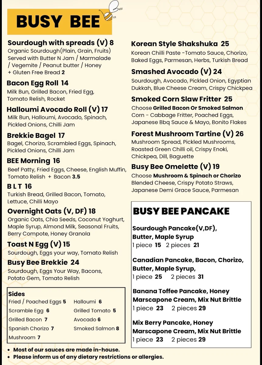 Menu, Busy Bee Kitchen