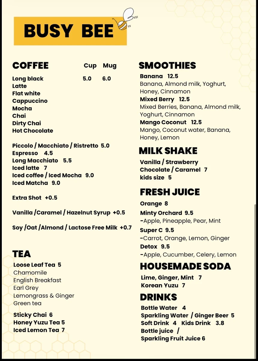 Menu, Busy Bee Kitchen