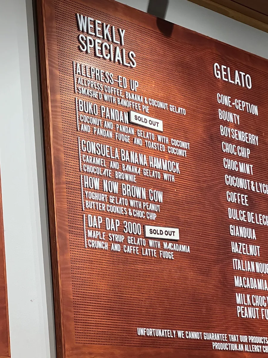 Menu, Gelato Messina Braddon
