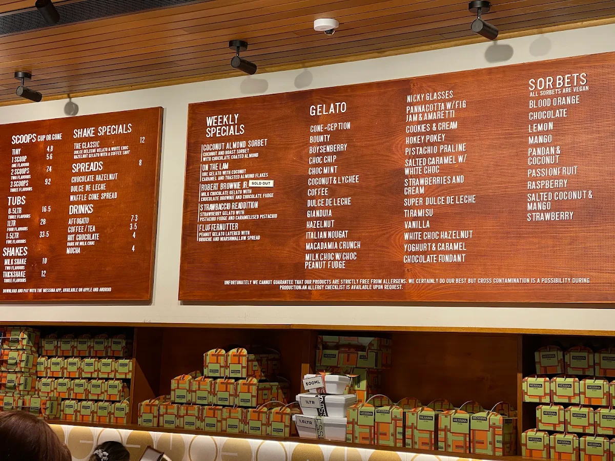 Menu, Gelato Messina Braddon