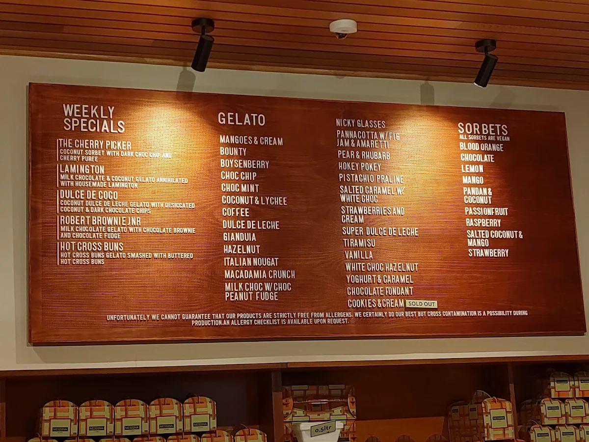 Menu, Gelato Messina Braddon