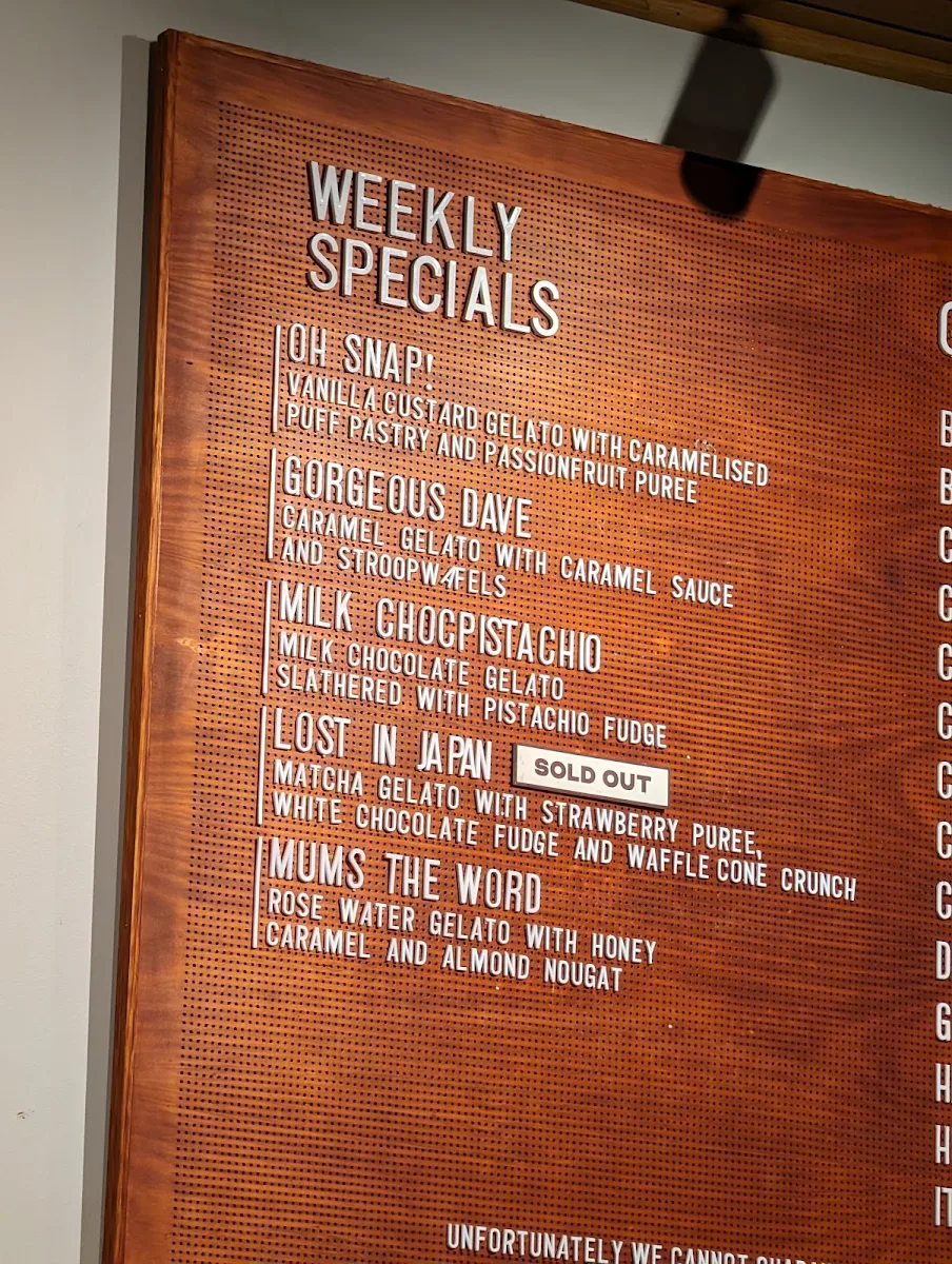 Menu, Gelato Messina Braddon