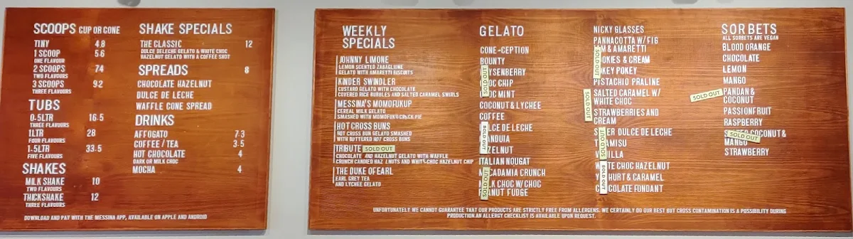 Menu, Gelato Messina Braddon