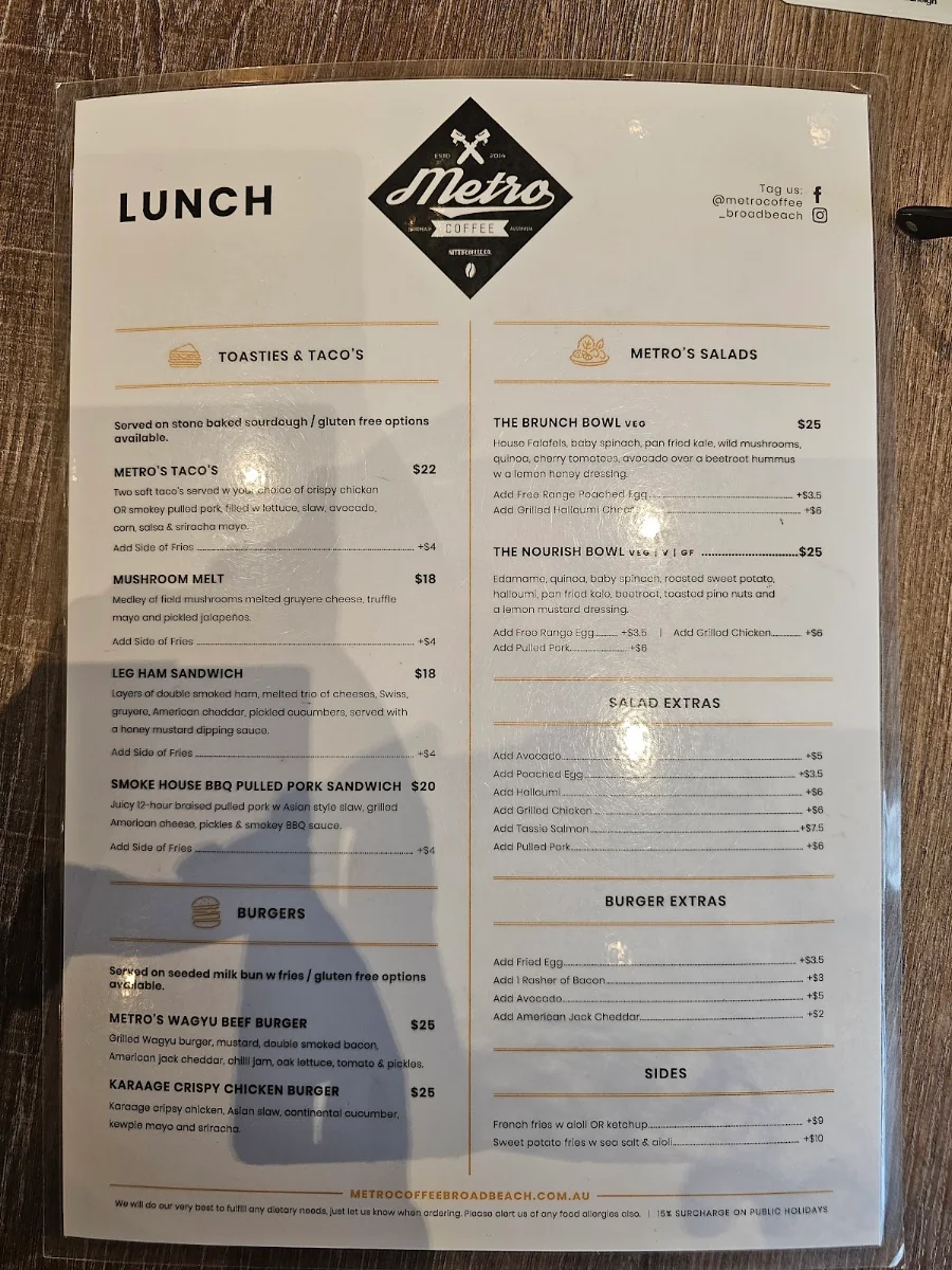 Menu, Metro Coffee Burleigh
