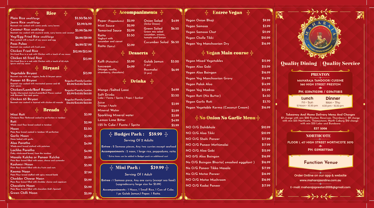 Menu, Maharaja Tandoori Cuisine