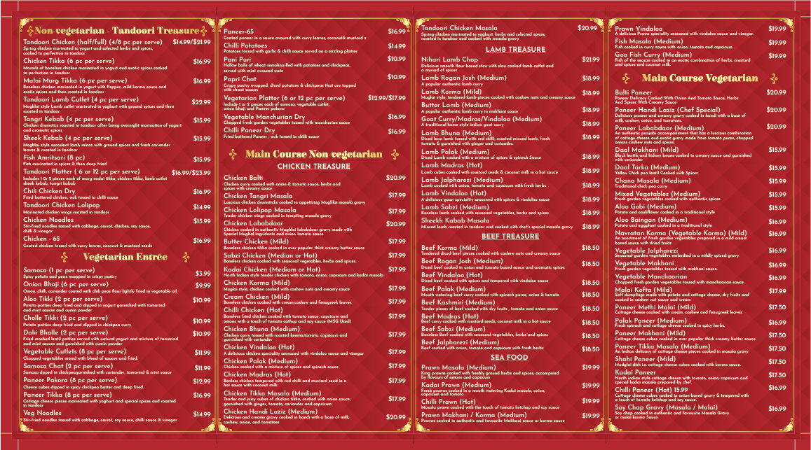 Menu, Maharaja Tandoori Cuisine