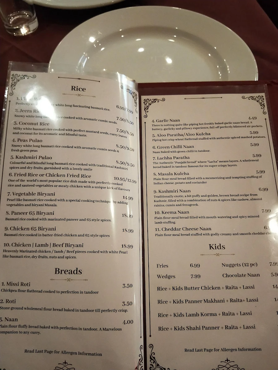 Menu, Maharaja Tandoori Cuisine