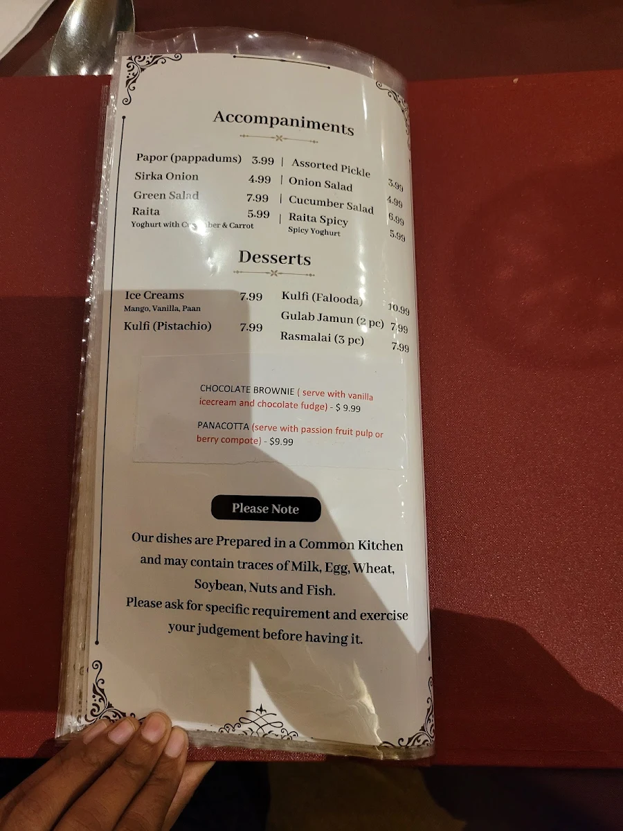 Menu, Maharaja Tandoori Cuisine