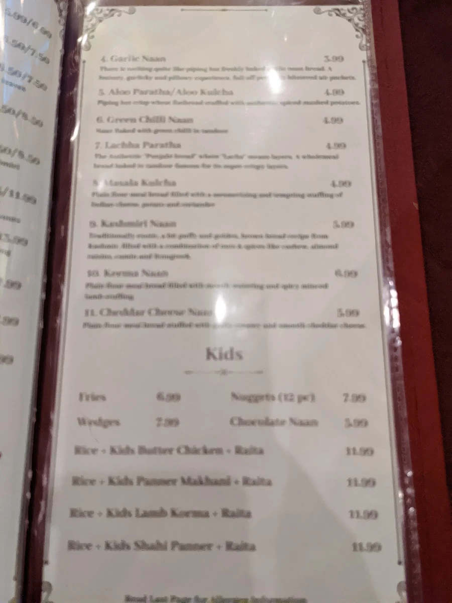Menu, Maharaja Tandoori Cuisine