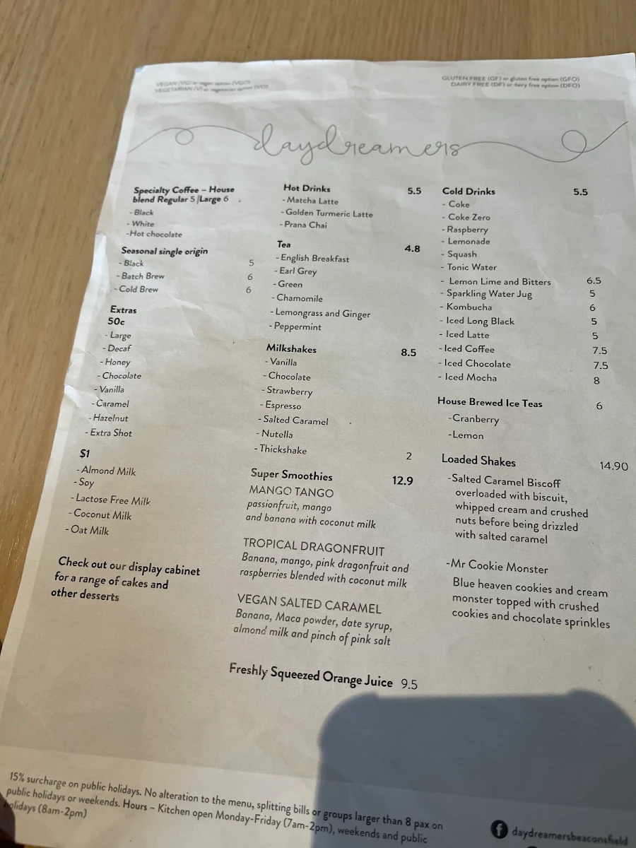 Menu, daydreamers Cafe