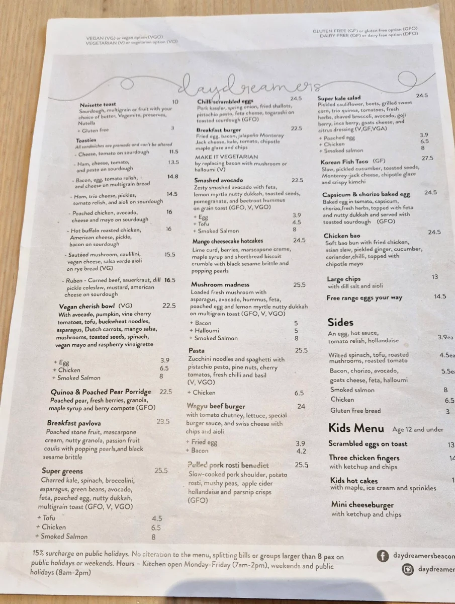 Menu, daydreamers Cafe