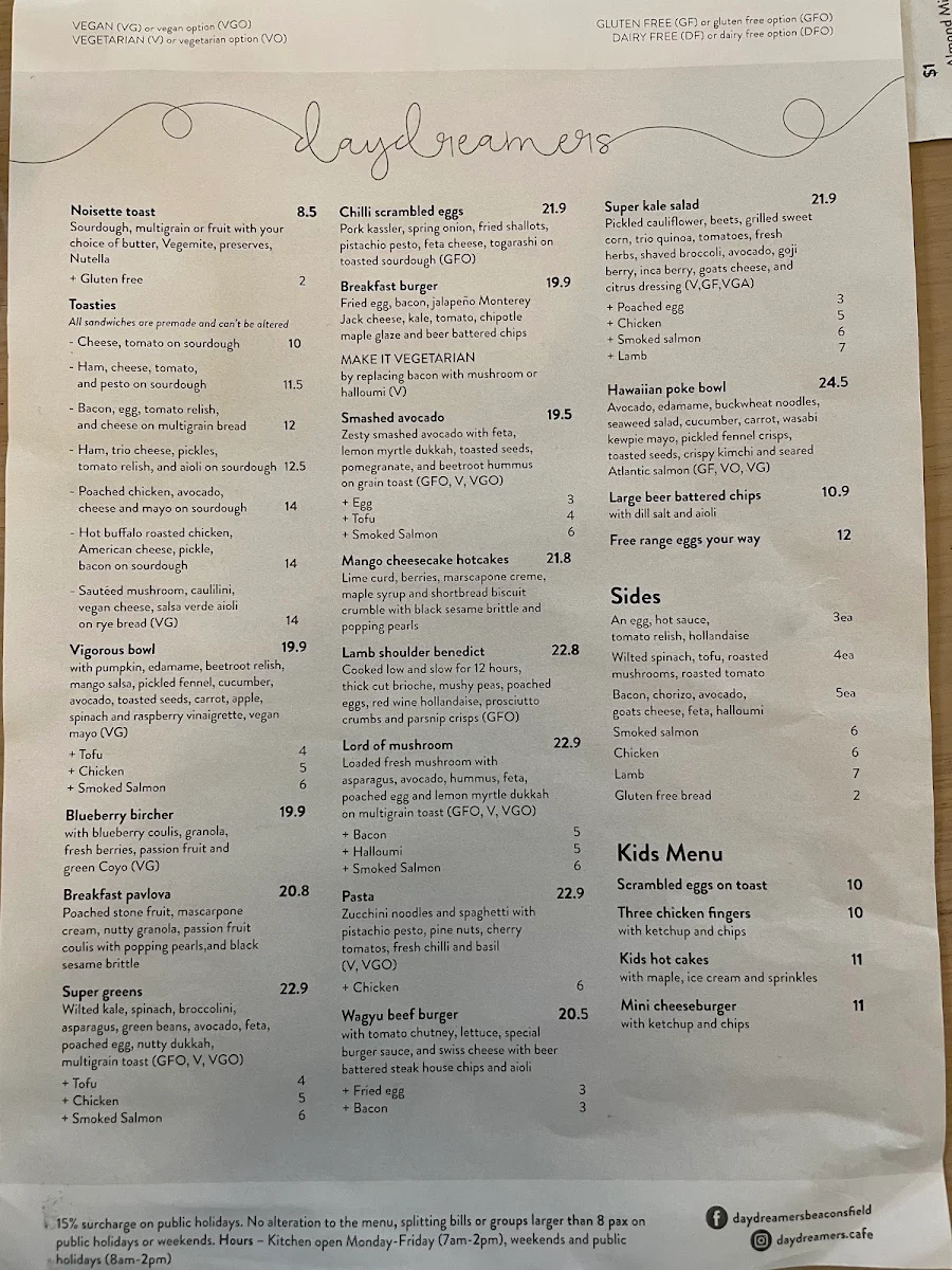 Menu, daydreamers Cafe