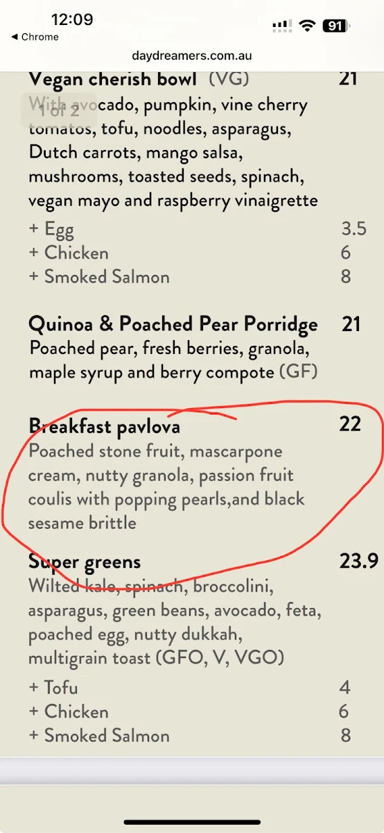 Menu, daydreamers Cafe