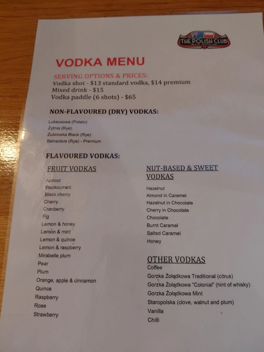 Menu, The Polish Club Milton