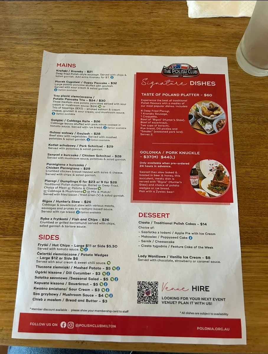 Menu, The Polish Club Milton