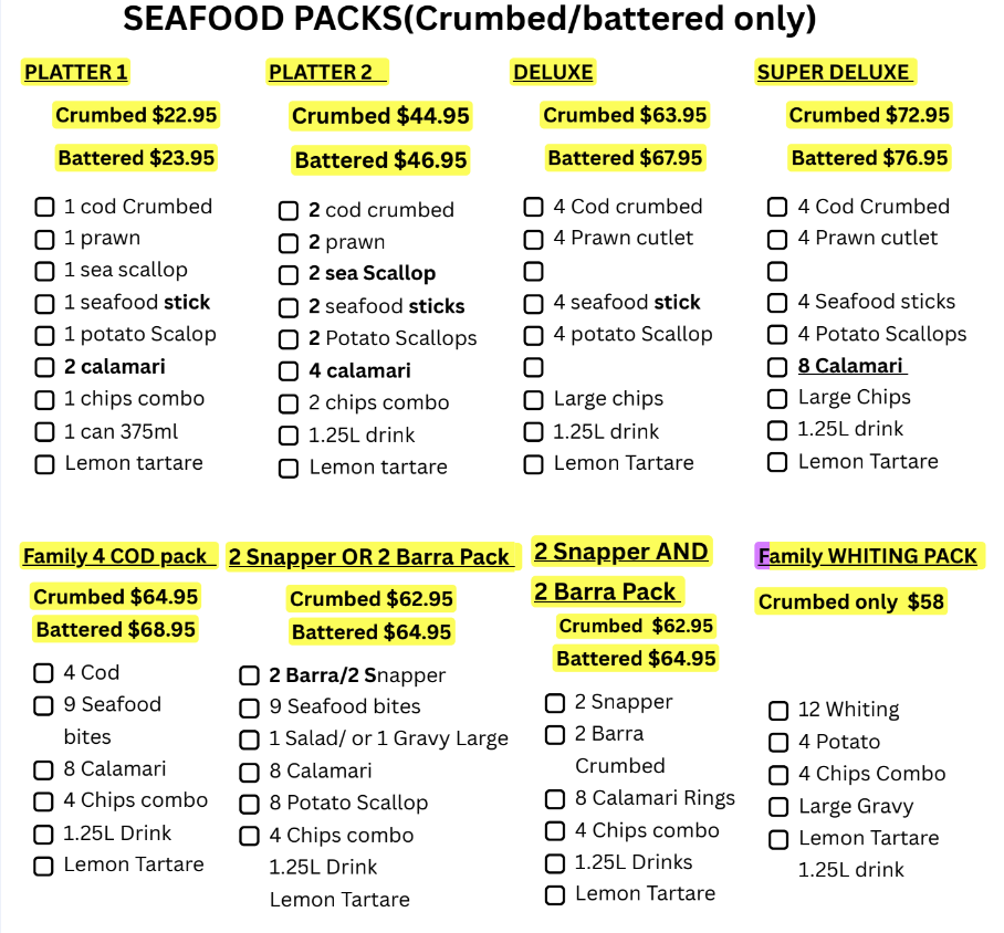 Menu, Taylors Seafood