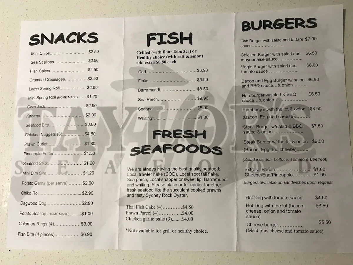 Menu, Taylors Seafood
