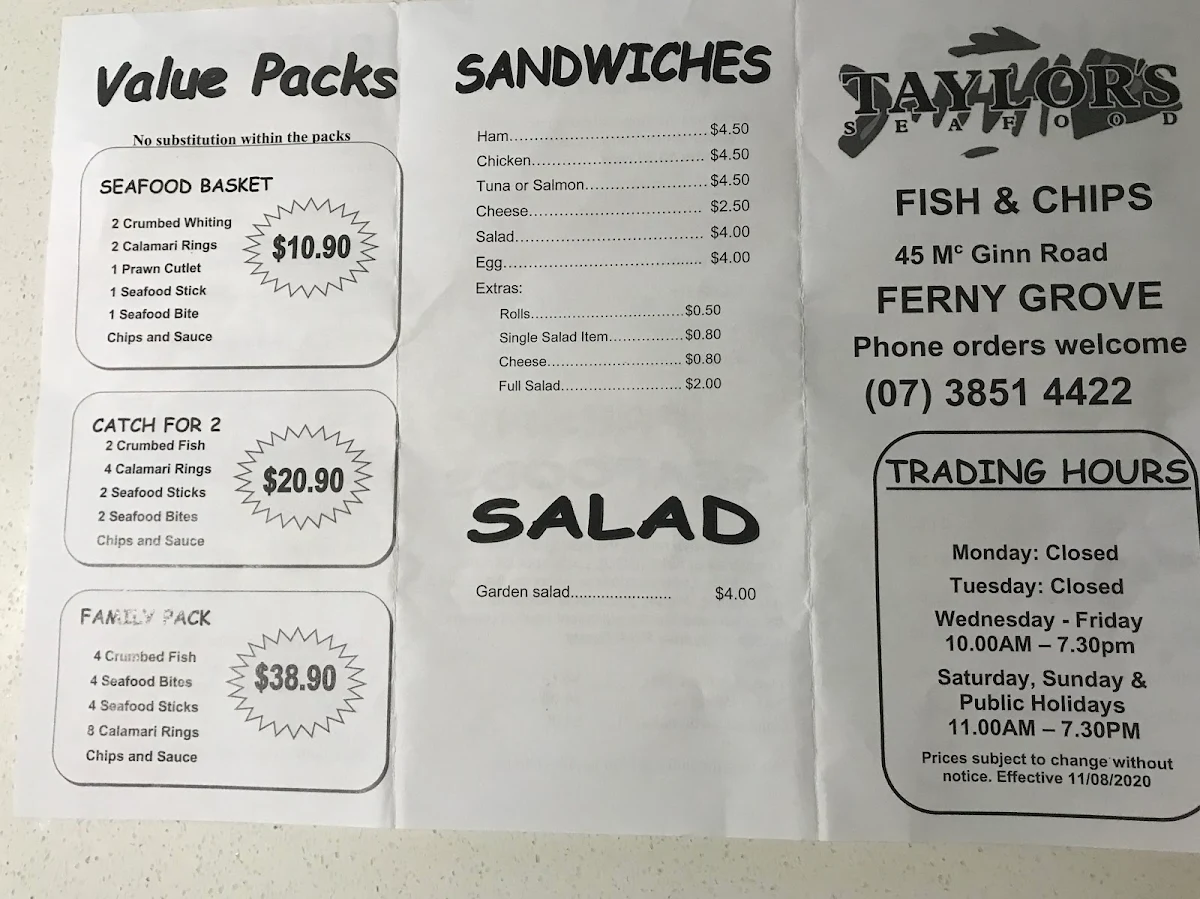 Menu, Taylors Seafood