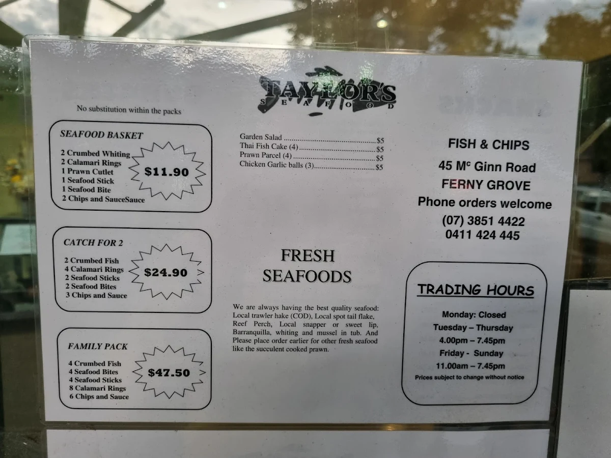 Menu, Taylors Seafood