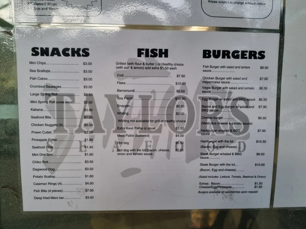 Menu, Taylors Seafood