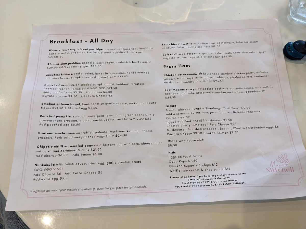 Menu, Major Mitchell Cafe